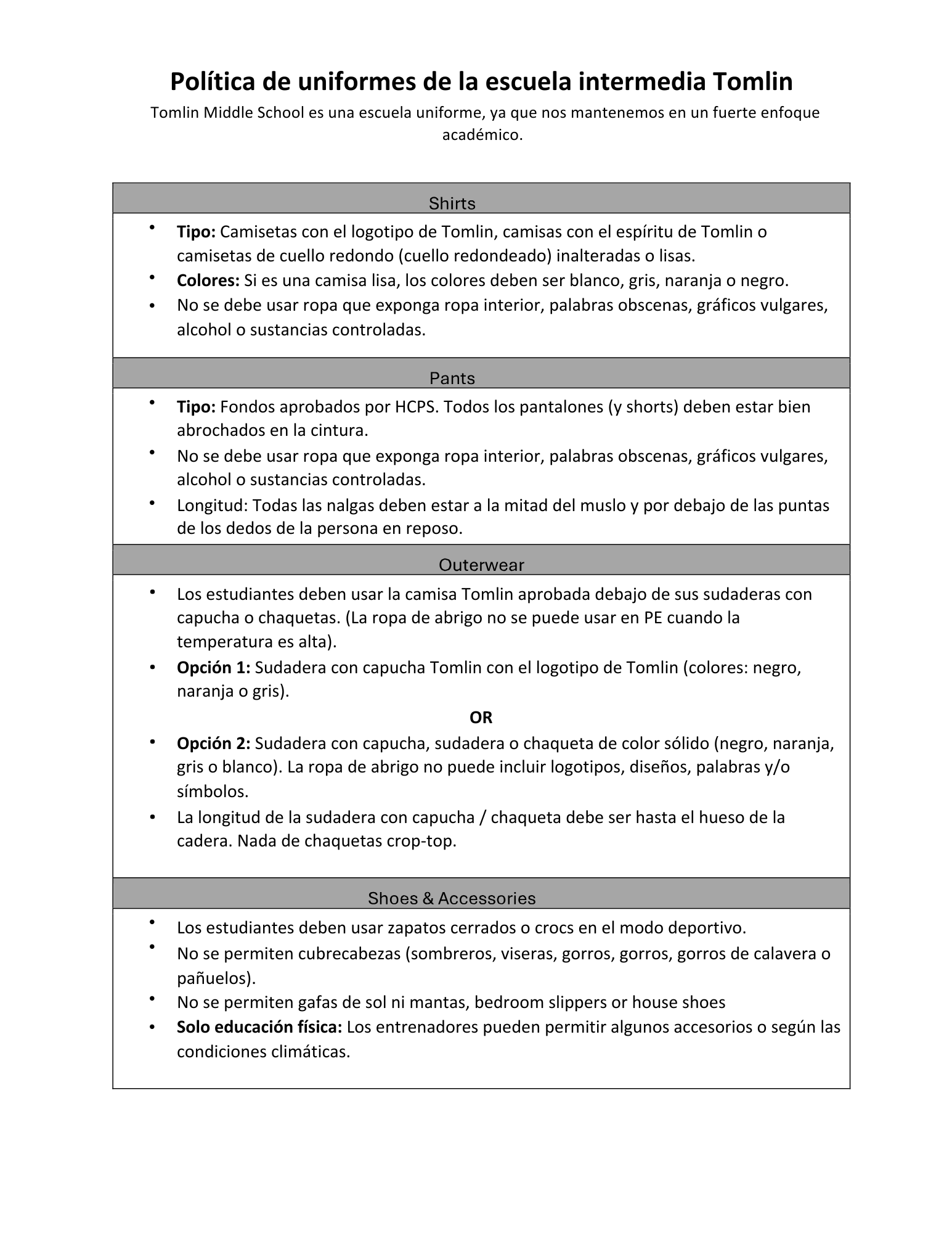  Tomlin 2025-26 Dress Code- Spanish